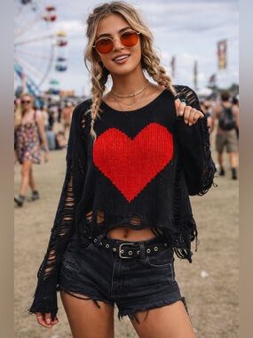 Panda Distressed Heart Sweater Black Red Cropped Knit Grunge Y2K Festival XL